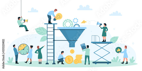 Sales funnel, digital marketing vector illustration. Cartoon tiny people work with cone funnel for conversion data, gears and light bulb to money, search and find of profit strategy and solution