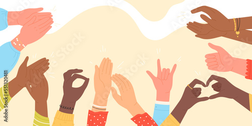 Hands of people clap and applaud vector illustration. Cartoon happy multicultural human arms respect and congratulate with thumbs up and applause, greeting gestures and ovation, positive feedback