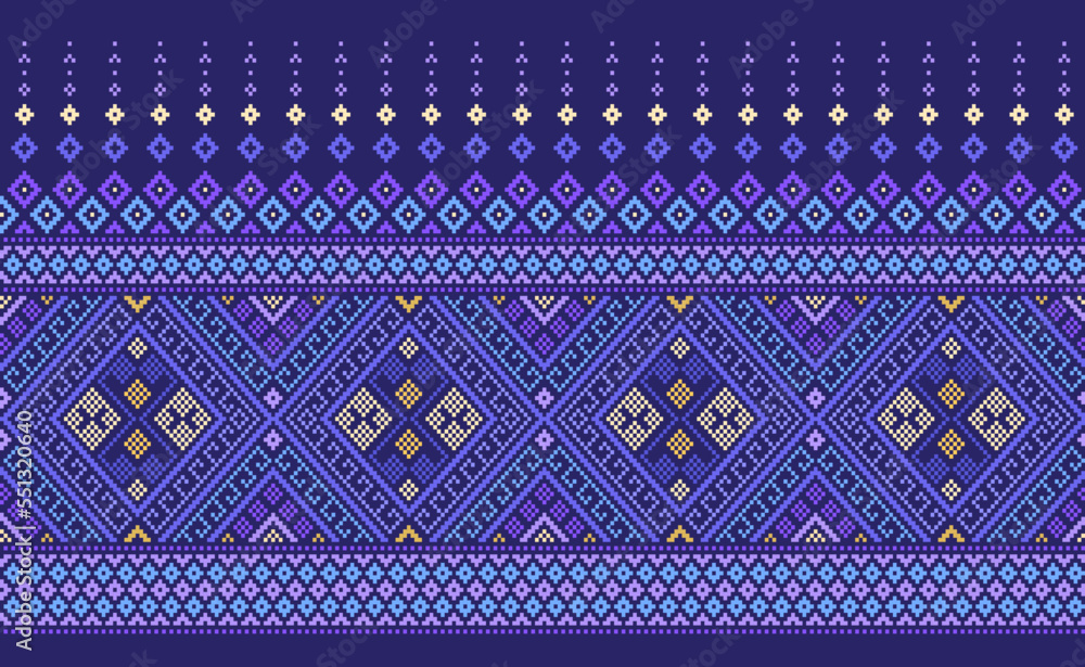 Embroidery ethnic pattern, Vector Geometric ornate background, Cross stitch retro zigzag style, Blue and yellow pattern knitting continuous, Design for textile, fabric, ceramic, digital print Embroidery ethnic pattern, Vector Geometric ornate background, Cross stitch retro zigzag style, Blue and yellow pattern knitting continuous, Design for textile, fabric, ceramic, digital print