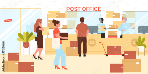 Express delivery service vector illustration. Cartoon people receive and send parcel and letter at reception counter with postal workers, man and woman customers holding boxes in post office interior