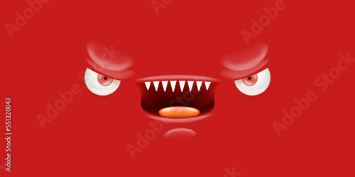 Vector funny angry red christmas monster face with open mouth with fangs and evil eyes isolated on red background. Christmas cute and angry monster design template for poster, banner and tee print