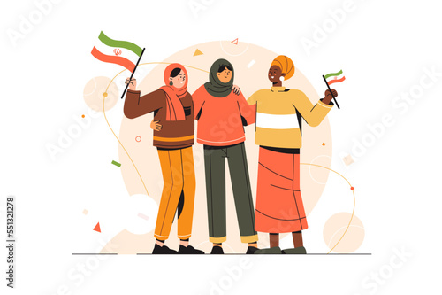 Iranian flag with women illustration. Vector. Banner for demonstration in Iran, Iranian women protest banner. Slogan 