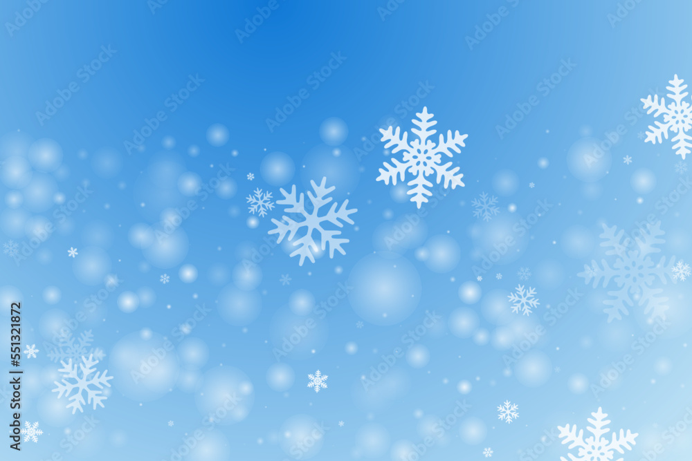 Beautiful heavy snow flakes wallpaper. Wintertime dust crystallic shapes. Snowfall sky white blue illustration. Glimmer snowflakes february vector. Snow cold season scenery.