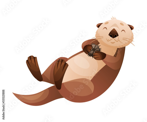 Sea Otter as Marine Mammal and Aquatic Creature with Brown Coat and Long Tail Holding Urchins Vector Illustration