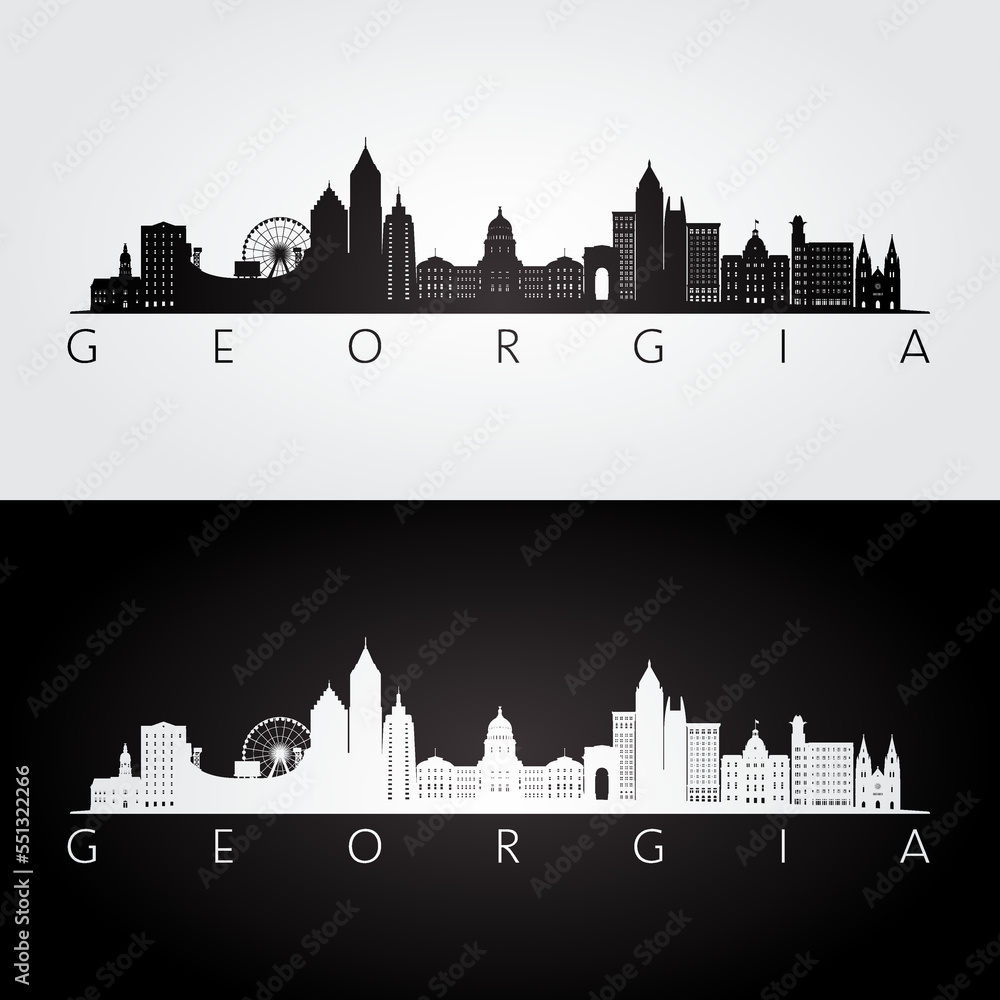 Georgia state skyline and landmarks silhouette, black and white design. Vector illustration.