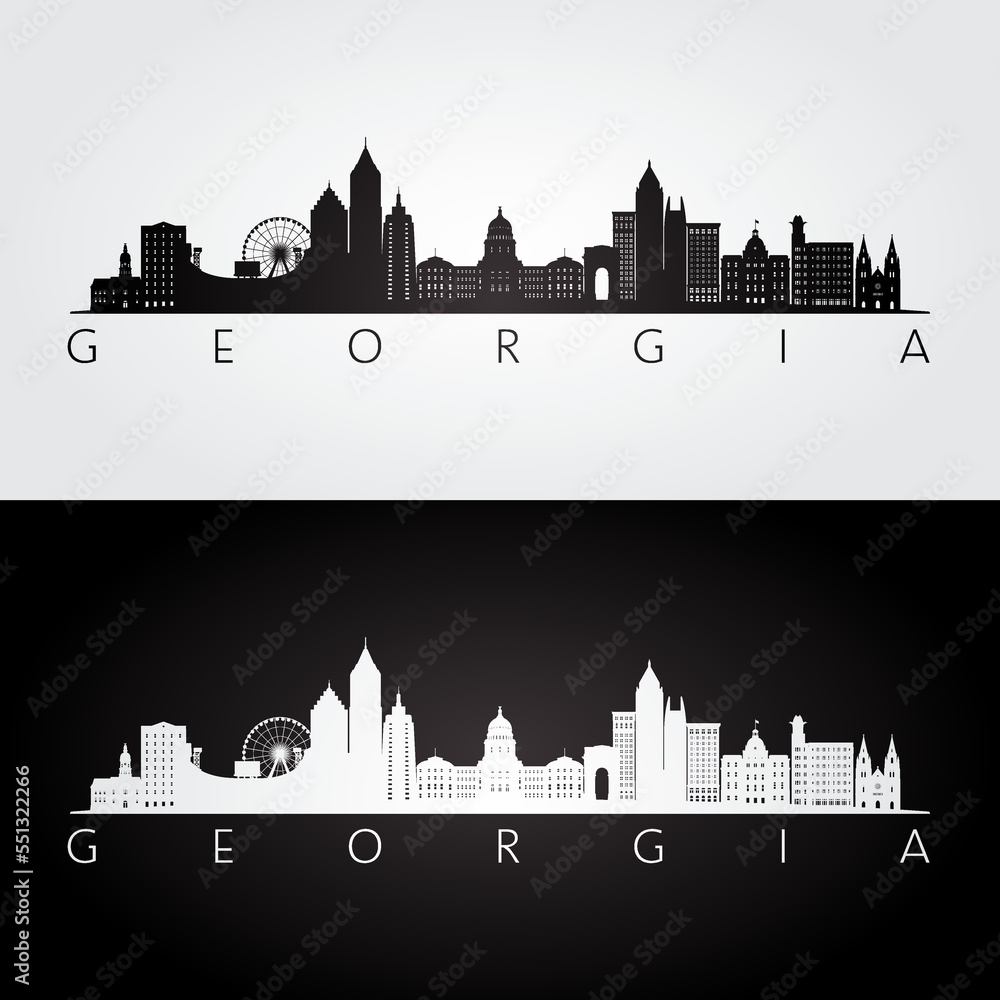 Naklejka premium Georgia state skyline and landmarks silhouette, black and white design. Vector illustration.