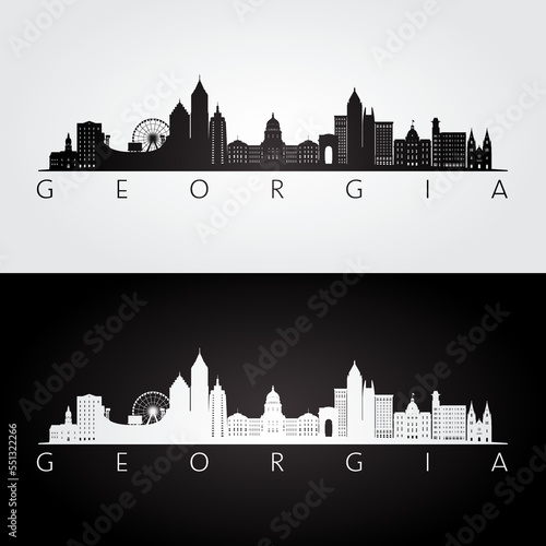 Georgia state skyline and landmarks silhouette, black and white design. Vector illustration.