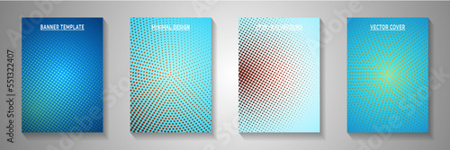 Simple dot perforated halftone front page templates vector set. Digital magazine faded halftone