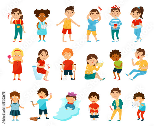 Sick Unhealthy Kids Suffering from Different Disease and Illness Big Vector Set