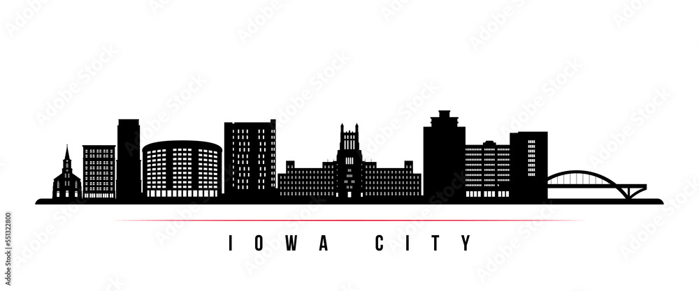 Iowa City skyline horizontal banner. Black and white silhouette of Iowa City. Vector template for your design.
