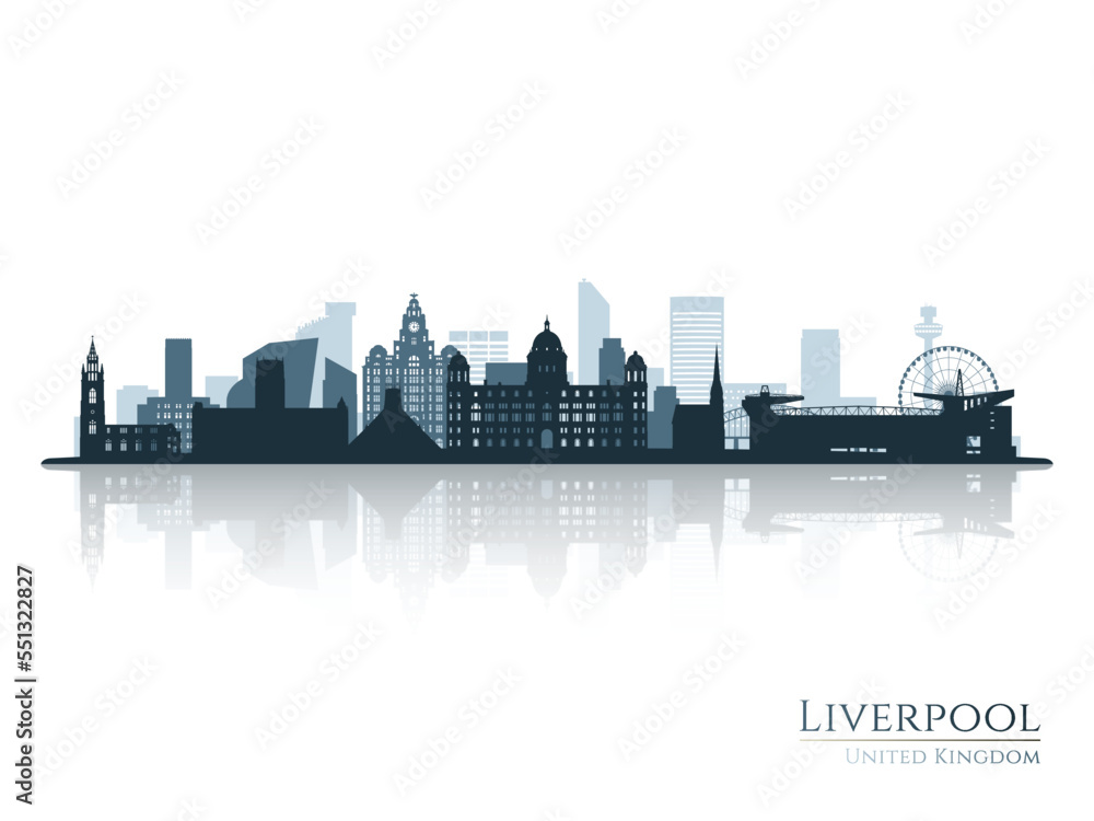 Liverpool skyline silhouette with reflection. Landscape Liverpool, United Kingdom. Vector illustration.