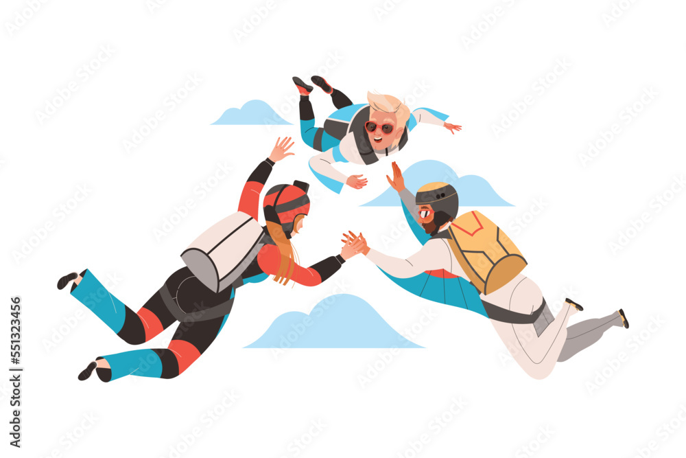 Man and Woman Characters Skydiving Falling Down with Parachute in Tandem Vector Illustration