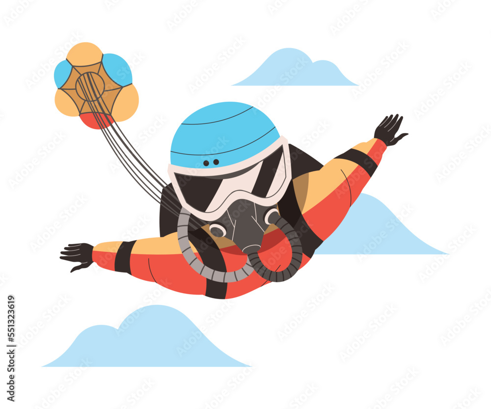 Man Character Skydiving Falling Down with Parachute Vector Illustration