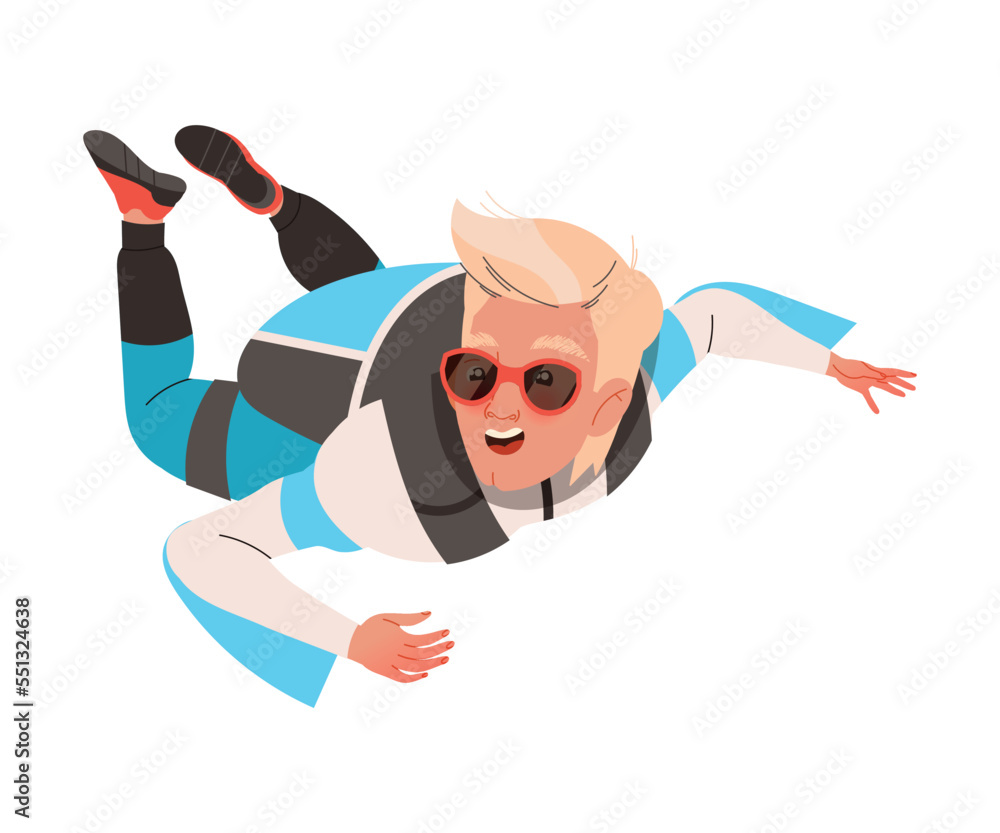 Happy Man Parachutist Skydiving and Free-falling in the Air Descenting on the Earth Vector Illustration