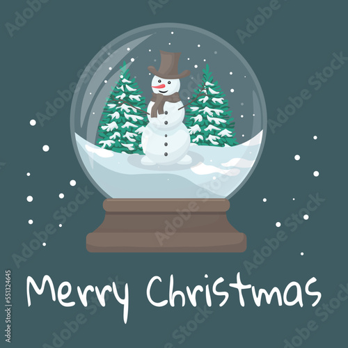 Merry christmas glass ball with snawman and Christmas tree