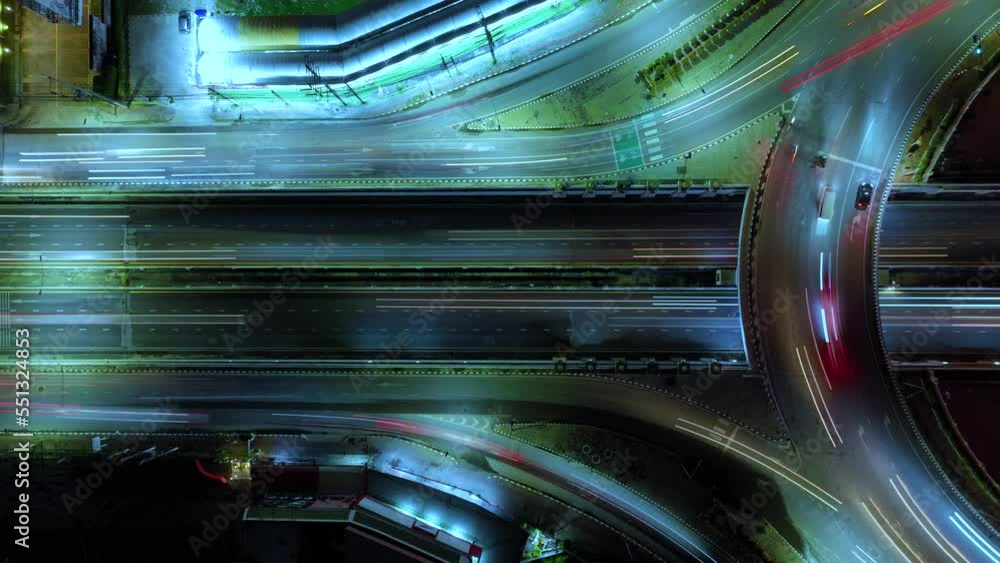 Hyperlapse time-lapse of car traffic transportation above circle roundabout road in Asian city. Drone aerial view fly in circle, high angle. Public transport or commuter city life city, expressway Hyperlapse time-lapse of car traffic transportation above circle roundabout road in Asian city. Drone aerial view fly in circle, high angle. Public transport or commuter city life city, expressway