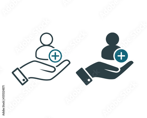 Hand holding person with plus icon. Illustration vector