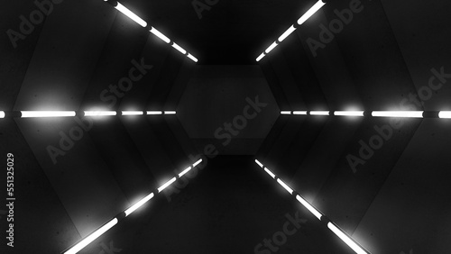 Fototapeta Naklejka Na Ścianę i Meble -  Dark tunnel, futuristic Virtual studio background. Ideal for science tv shows, tech commercials or futuristic, events. 3D illustration backdrop suitable on VR tracking, stage sets, with green screen