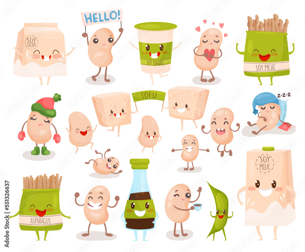 Soy Bean Products Cartoon Characters with Funny Faces Big Vector Set