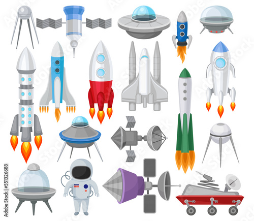 Space with Satellite, Rocket, Astronaut and Space Shuttle for Universe Exploration Big Vector Set