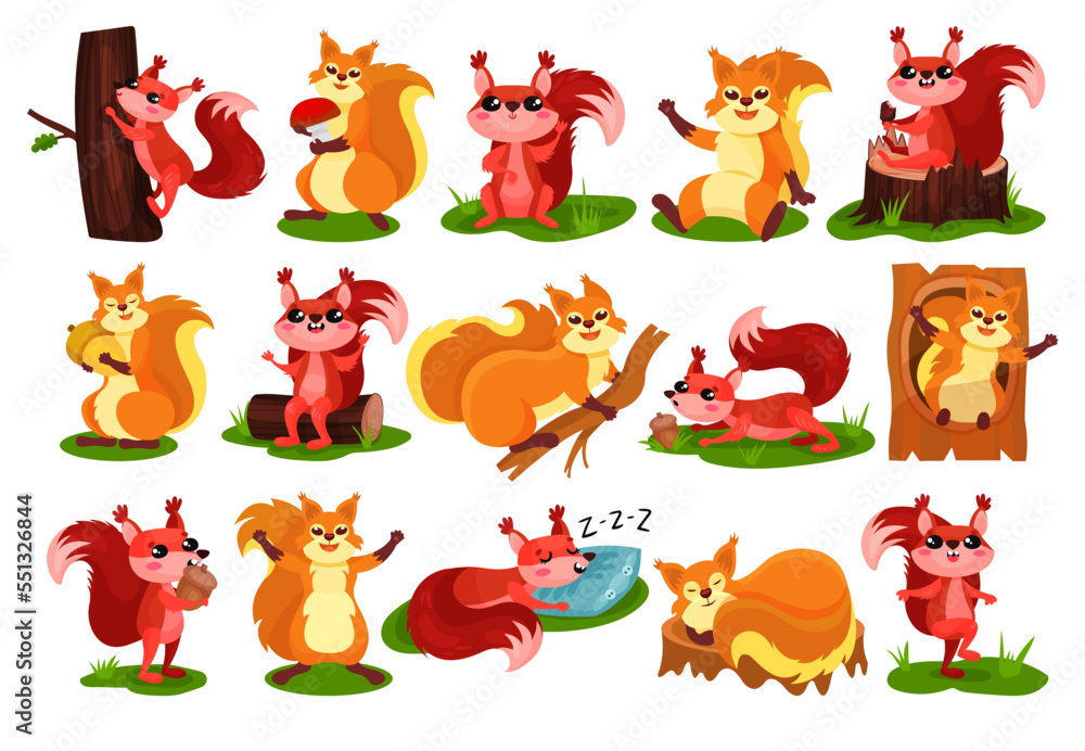 Fototapeta premium Cute Red Squirrel as Fluffy Forest Creature with Bushy Tail Engaged in Different Activity Big Vector Set