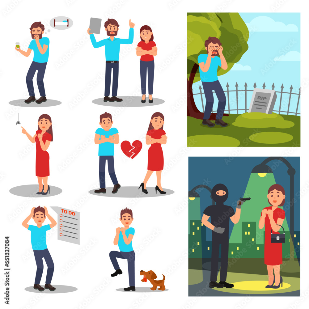 Stressed People Characters Having Different Fears and Phobia Big Vector Set