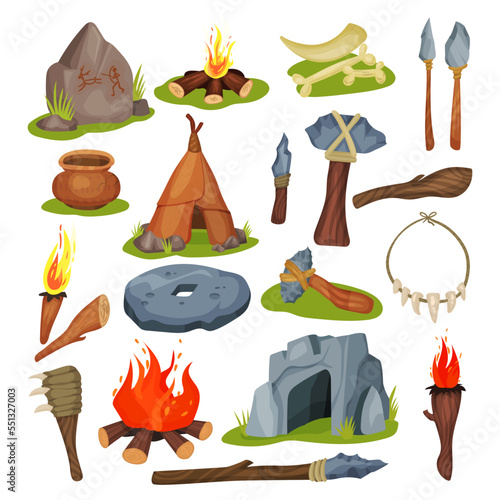 Stone Age and Prehistoric Primitive Tools with Hut, Flame, Hammer, Torch, Cave and Spear Big Vector Set