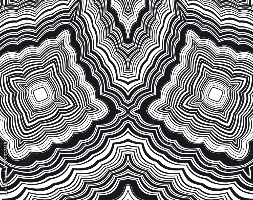Abstract background with optical illusion wave. Black and white horizontal lines with wavy distortion effect for prints, web pages, template, posters, monochrome backgrounds and pattern Abstract background with optical illusion wave. Black and white horizontal lines with wavy distortion effect for prints, web pages, template, posters, monochrome backgrounds and pattern