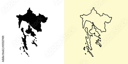 Primorje-Gorski Kotar map, Croatia, Europe. Filled and outline map designs. Vector illustration