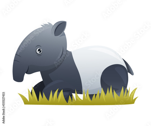 Cute Malayan Tapir Sitting in Grass as Asian Animal with White Patch and Short Nose Trunk Vector Illustration
