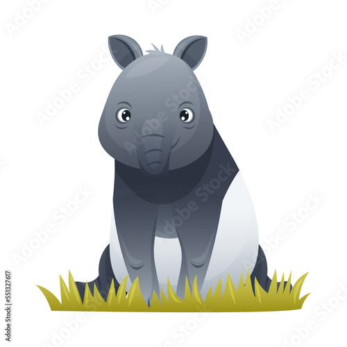Cute Malayan Tapir Sitting in Grass as Asian Animal with White Patch and Short Nose Trunk Vector Illustration