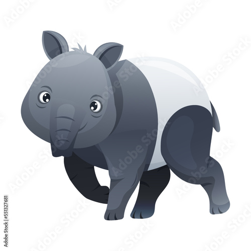 Cute Malayan Tapir Walking as Asian Animal with White Patch and Short Nose Trunk Vector Illustration
