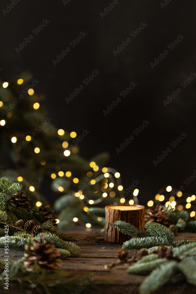 Merry Christmas! Festive natural background, small Christmas forest, in the background the light of the garland. Place for text. Selective focus. - obrazy, fototapety, plakaty 