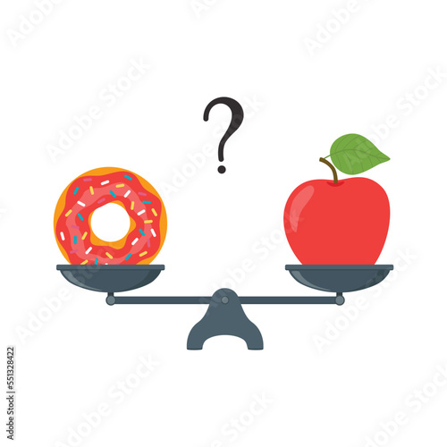Apple and doughnut on scales. Diet concept. Healthy and unhealthy food. Weight loss, healthy lifestyle, proper nutrition.