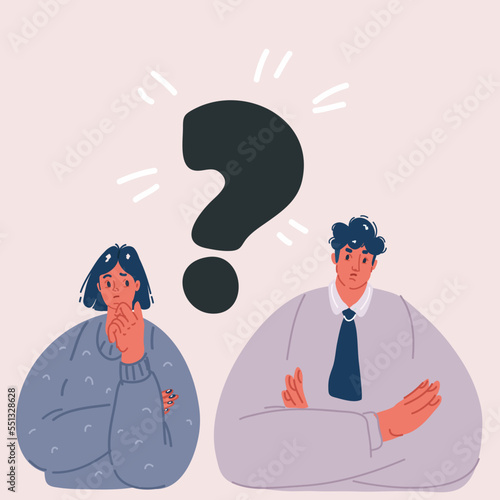Vector illustration of troubled couple. Confused woman and man thinking together. People with question mark thinking people