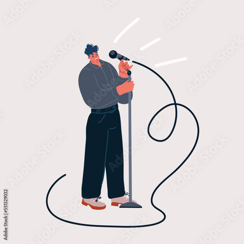 Vector illustration of Stand up comedian performance. Comedy show. A man with a microphone in his hands tells funny stories in public, singer or character, speaks at a conference