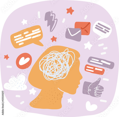 Vector illustration of human head with tangled line inside, like brain. Concept of chaotic thought process