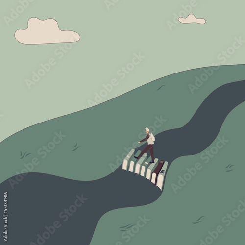 Concept: book is source of knowledge.Tiny man crosses river on bridge consisting of books. Book as aid in overcoming difficulties and obstacles in life.Hand-drawn vector