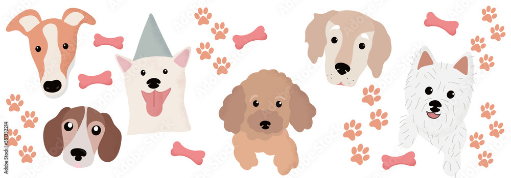 Fototapeta premium Cute dogs pattern. Multicoloured animals illustration, kids wallpaper. Holiday, birthday template.