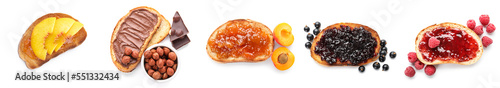 Collage of sweet toasted bread with jams and chocolate hazelnut paste on white background