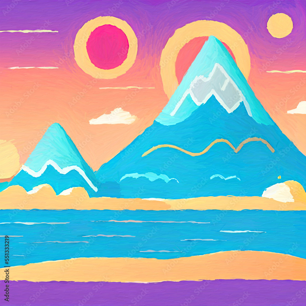 Digital art painting - sea and mountains tropical landscape. Simple forms illustration. Graphic drawing paradise resort in pastel colors. Digital art painting - sea and mountains tropical landscape. Simple forms illustration. Graphic drawing paradise resort in pastel colors.