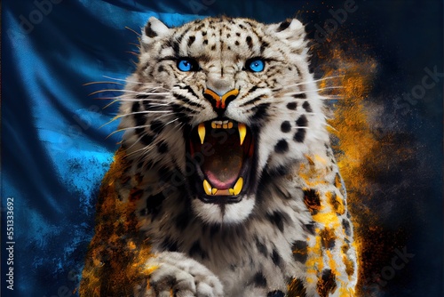  a snow leopard with blue eyes and a yellow tail with its mouth open and it's mouth wide open. Generative AI photo