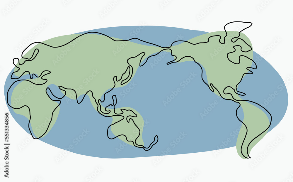 Continuous freehand drawing world map.
