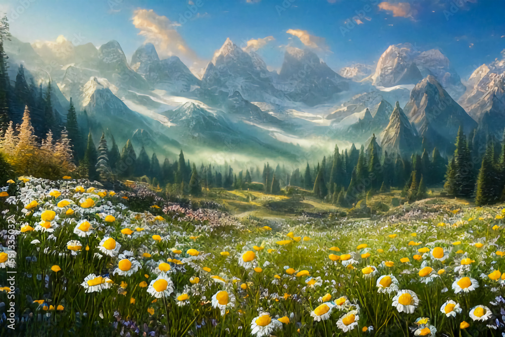 Mountain landscape with chamomile field.