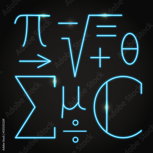 Neon math symbols on dark background