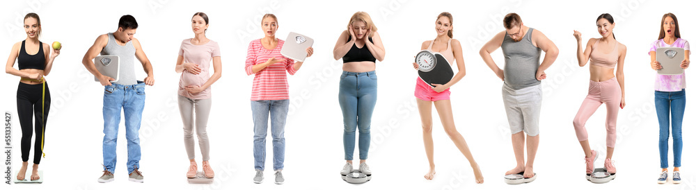 Set of people with weight scales isolated on white Set of people with weight scales isolated on white