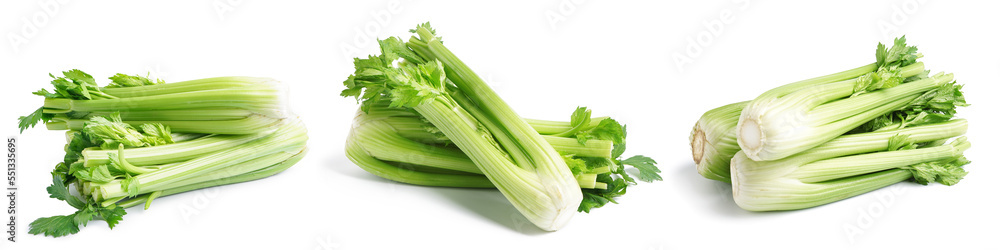 Collage of fresh celery on white background Collage of fresh celery on white background