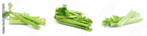 Collage of healthy green celery on white background