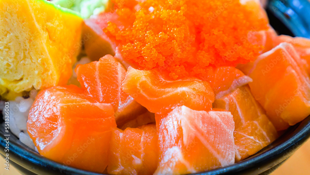 Salmon sushi rice don, food in bowl in Japanese buffet restaurant Salmon sushi rice don, food in bowl in Japanese buffet restaurant