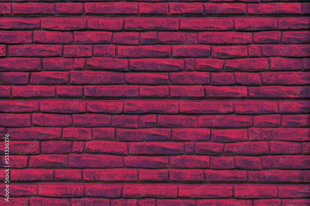 Empty background of brick wall texture toned in trendy color of the 2023 year viva magenta. Modern brick concrete or stone seamless textured. Grid uneven interior rock. Home decor design backdrop. Empty background of brick wall texture toned in trendy color of the 2023 year viva magenta. Modern brick concrete or stone seamless textured. Grid uneven interior rock. Home decor design backdrop.